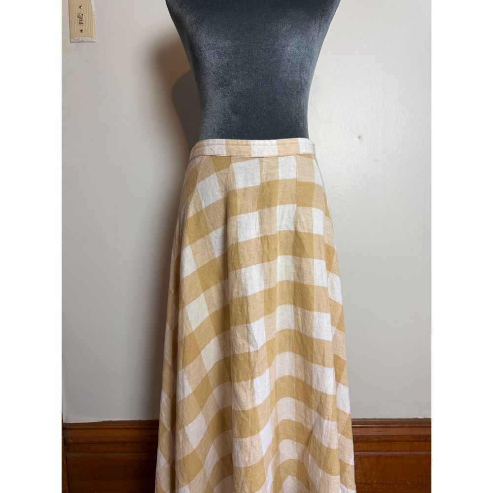 Tan White Gingham Linen Blend Midi A-Line Skirt picnic flowy preppy size 6 - Picture 2 of 8